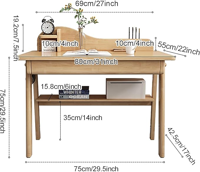 SAZDFY Solid Wood Writing Desk with Drawer and Shelves,Home Office Desk Workstation with Hooks, Modern Work Writing Desk PC Study Table for Small Spaces(80x55x75cm(31x22x30inch), Walnut)