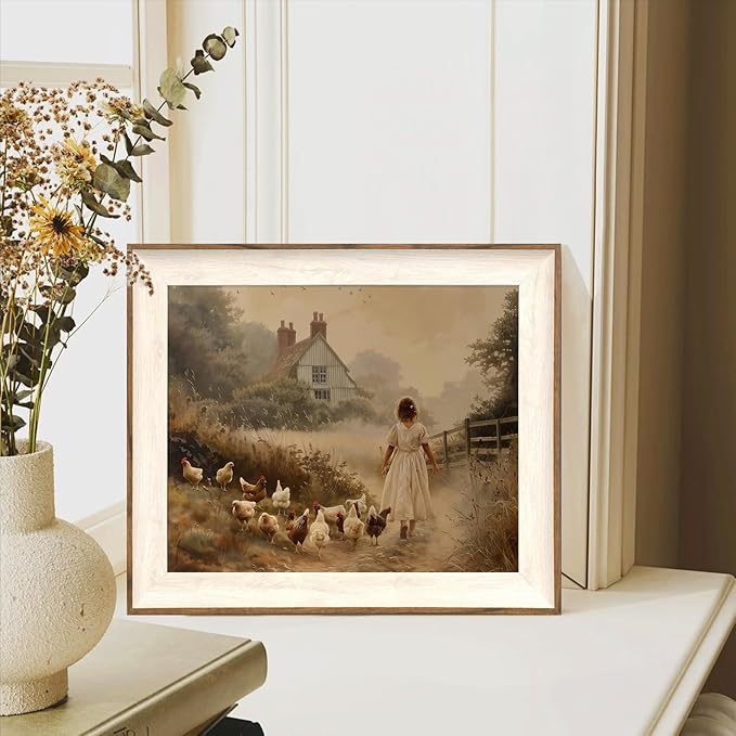ASTRDECOR Framed Vintage Wall Art, Farmhouse Decor Girl Chicken Farm Canvas Painting Farmhouse Wall Decor, Vintage Rustic Artwork for Wall, Country Wall Decor for Kitchen Bedroom Living Room-10''x 12''