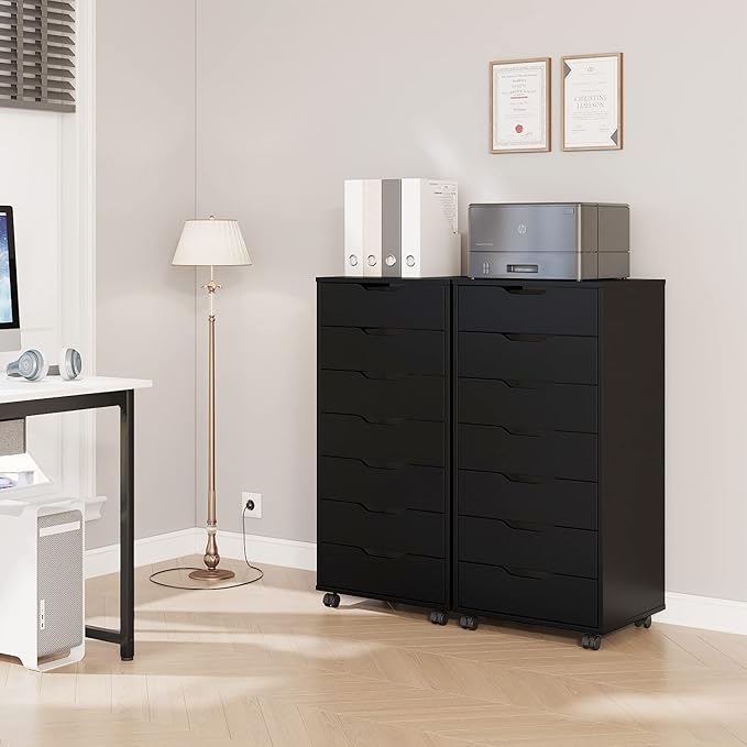 Panana 7 Drawer Mobile File Cabinet, Wooden Under Desk Storage with Wheels Office Organization Vertical Filing Chest of Drawers for Home Office (Black)