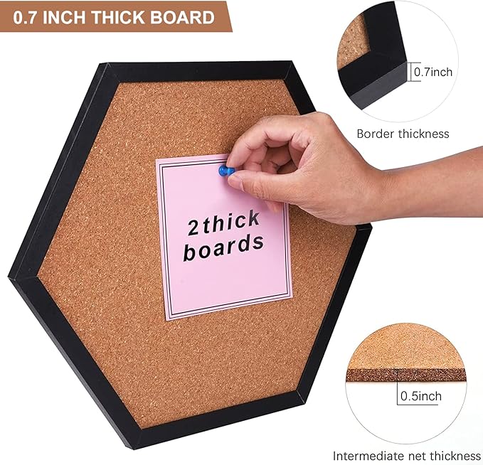 Cork Bulletin Board for Walls, 1/2" Thick Hexagon Pin Board for Walls with Frame, Black Small Corkboard with 10 Push Pins and 10 Wood Clips, Tack Board for Home Office and School 2Pack