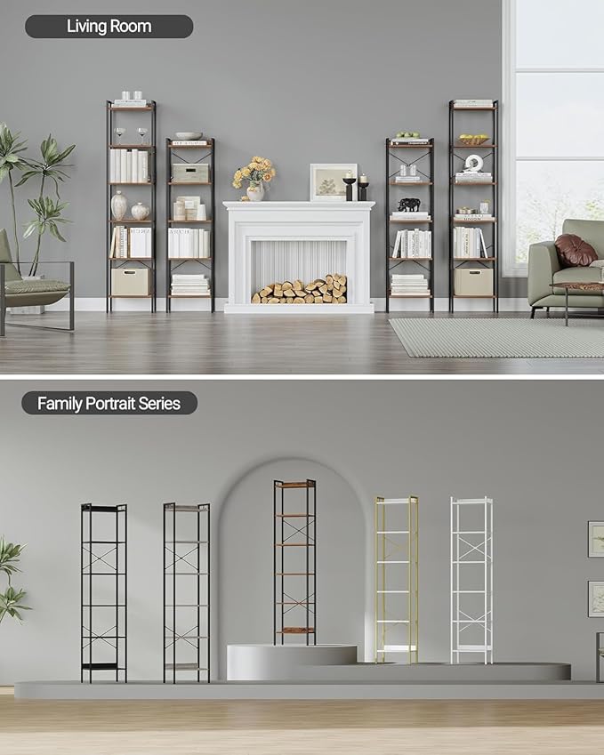 Bookshelf, Book Shelf, Industrial Bookcase with 2 Hooks, Coner Shelf Storage Organizer for Home Office, Living Room, Bedroom, Kitchen, 6-Tier Rustic Brown BC10701B