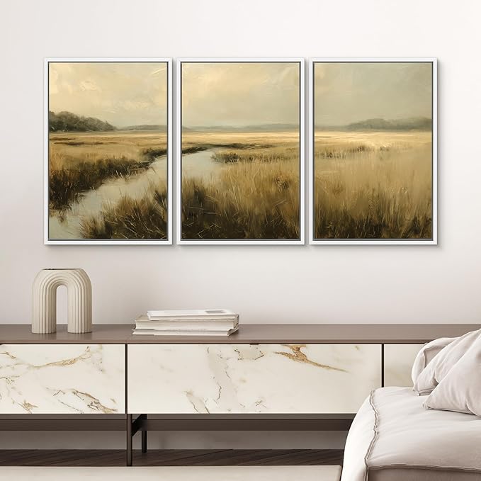 SIGNWIN Framed Canvas Print Wall Art Set Creek Through Golden Grasslands Illustrations Decorative Relax/Calm Zen for Living Room, Bedroom, Office - 16"x24"x3 WHITE