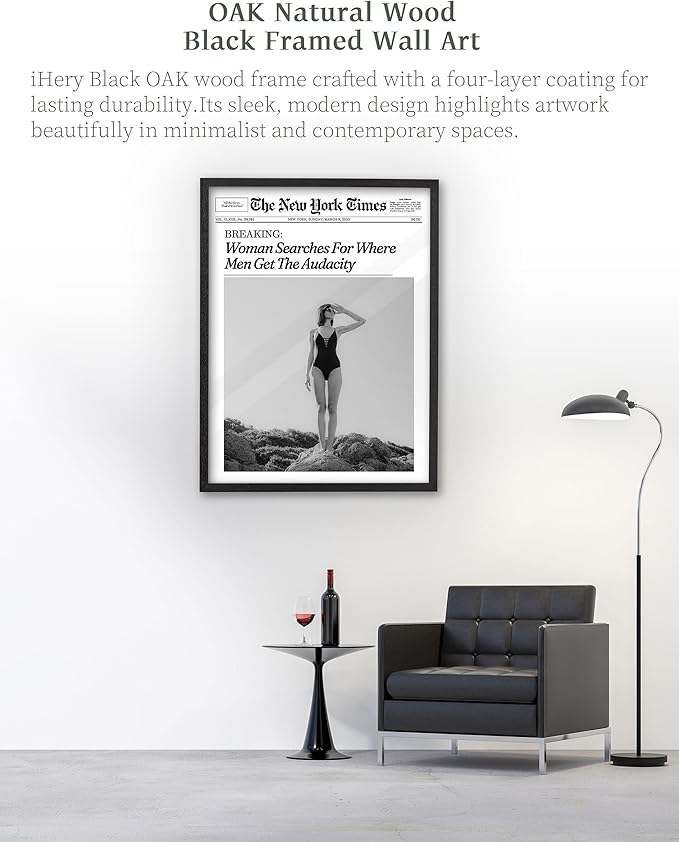 iHery Premium Natural Black OAK Wood 16x20in Trendy Framed Wall Art, Retro Woman Searches For Where Men Get The Audacity Canvas Wall Decor For Girly Dorm Bedroom Living Room 1Pack