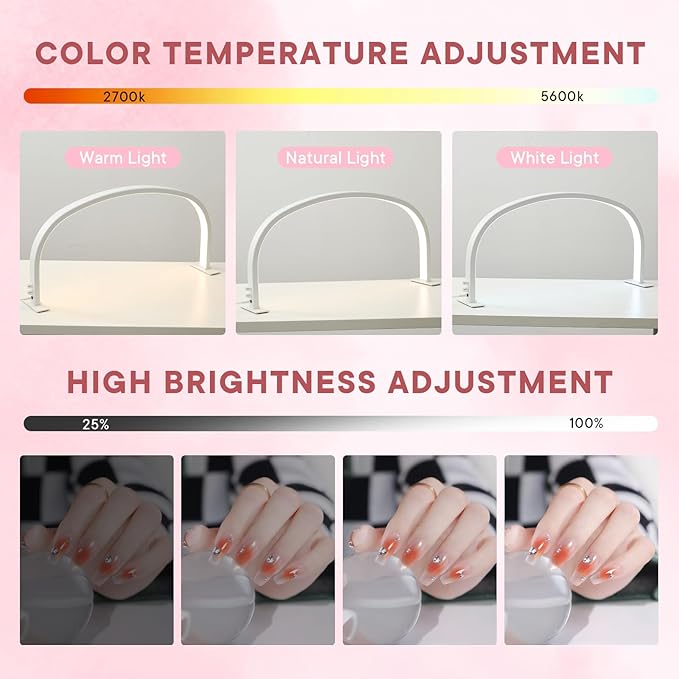 U-Shape Half Moon Light for Nail Desk Lamp, 29in 48W LED Desk Lamp for Nail Tech, Adjustable Brightness Knob 3 Color Temperatures, Half Moon Light for Manicure Handcraft Tattoo Detailed Work