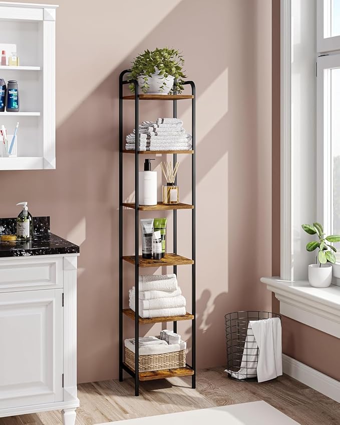 Bookcase Bookshelf, Narrow Book Shelf, Industrial Corner Shelf Storage Organizer, Slim Shelving Unit for Home Office, Living Room, Bedroom, Kitchen, 6-Tier Rustic Brown and Black BC24601B