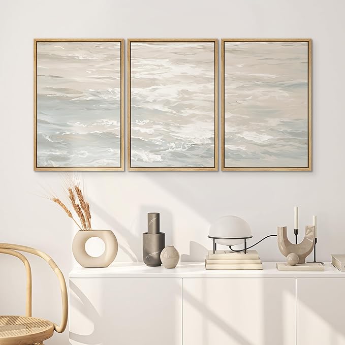 SIGNWIN Framed Canvas Print Wall Art Set Serene Neutral Ocean Waves Abstract Illustrations Modern Art Decorative Nordic Abstract for Living Room, Bedroom, Office - 24"x36"x3 Natural