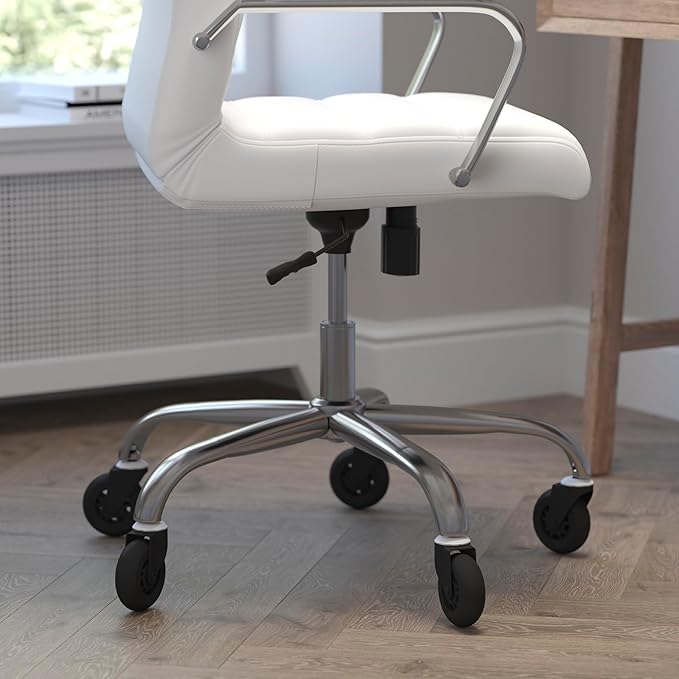 Flash Furniture Whitney High Back White LeatherSoft Executive Swivel Office Chair with Chrome Frame, Arms, and Transparent Roller Wheels
