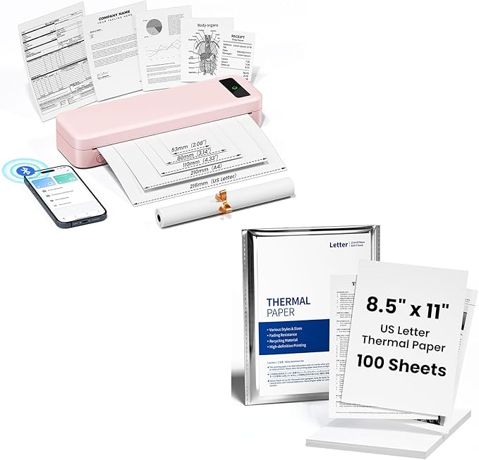 TATTMUSE Inkless Portable Thermal Printer Pink & 100 Sheets 8.5" x 11" US Letter Thermal Paper, Compatible with iPhone Android Laptop for Home Office