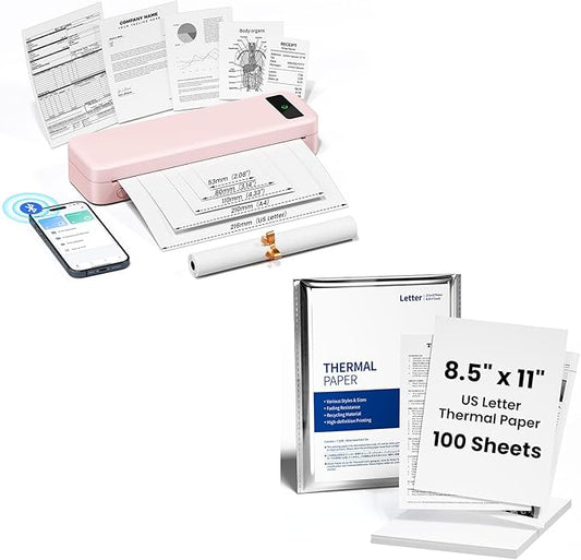 TATTMUSE Inkless Portable Thermal Printer Pink & 100 Sheets 8.5" x 11" US Letter Thermal Paper, Compatible with iPhone Android Laptop for Home Office