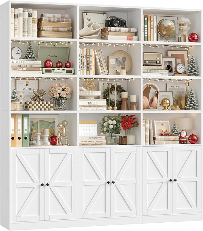 FACBOTALL 75" Triple Wide Bookshelf, White Bookshelf and Bookcase with 6 Farmhouse Doors, 71" Wide 6 Tier Book Shelf with 18 Storage Shelves, Large Wooden Bookshelves, Tall Bookcase for Office, White