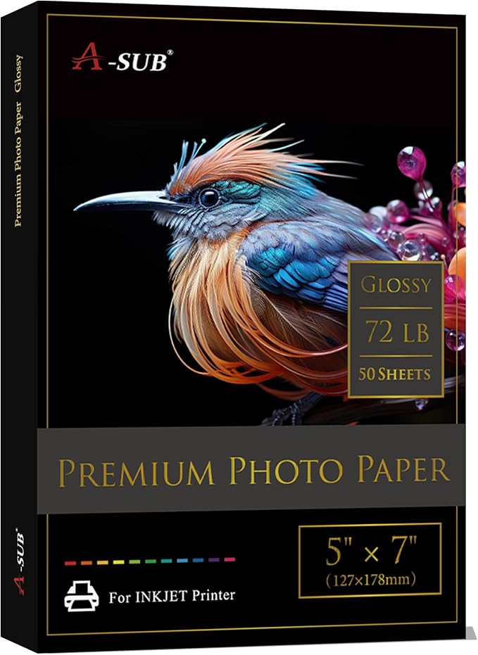 A-SUB Premium Photo Paper High Glossy 5x7 Inch 72lb for Inkjet Printers 50 Sheets, Single Sided