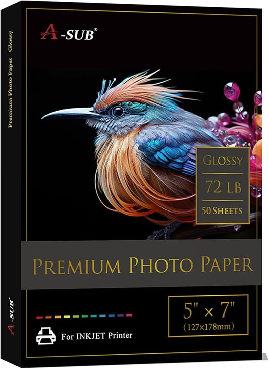 A-SUB Premium Photo Paper High Glossy 5x7 Inch 72lb for Inkjet Printers 50 Sheets, Single Sided