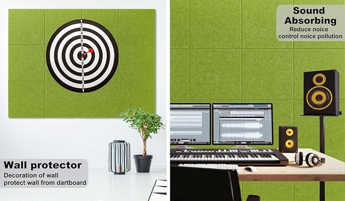 Felt Wall Tiles Bulletin Board Large Cork Board Alternative 12 Pack 11.81”x11.81”x0.47” Felt Pin Board Tack Board with Safe Removable Adhesive Tabs for Home Office School 48x36(Grass Green)