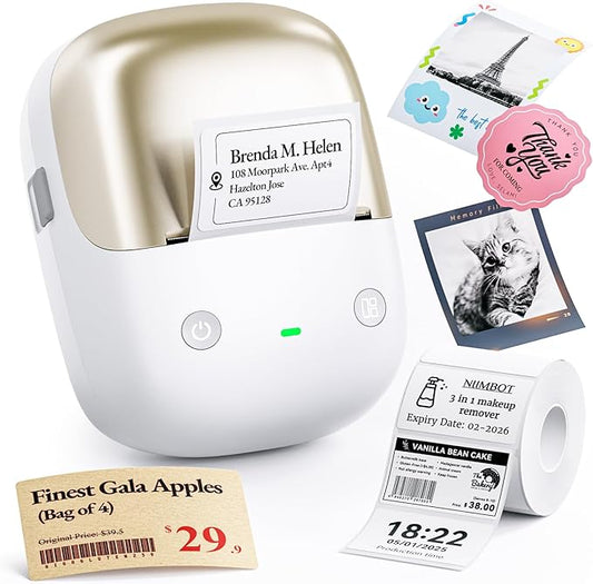 NIIMBOT B2 Pro Bluetooth Label Maker, 300DPI HD Thermal Sticker Printer, Portable Thermal Label Printer with 1 Roll, Supports Red & Black Printing, for Home Office Organization & Small Business, Gold