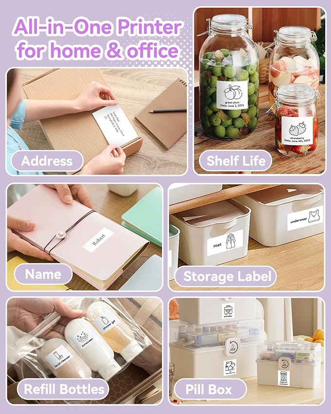Aptika Mini Thermal Printer with 14 Rolls Sticky Papers, Wireless Bluetooth Photo Printer, Portable Label Maker Machine with Tape, Small Compact Picture Maker for Student Kid, Purple