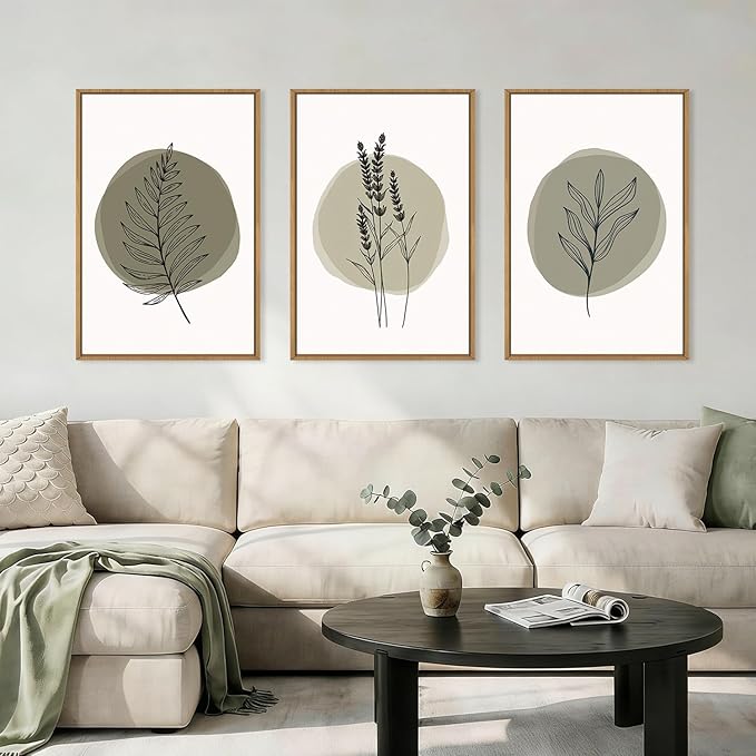 HOURIA Spring Sage Green Leaves Framed Canvas Wall Art Set,Minimalism Boho Leaf Wall Decor, Modern Nature Botanical Wall Painting,Mid Century Plant Art Prints for Living Room,Bedroom,Farmhouse-24"x36"x3