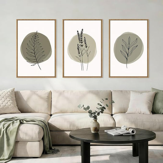 HOURIA Spring Sage Green Leaves Framed Canvas Wall Art Set,Minimalism Boho Leaf Wall Decor, Modern Nature Botanical Wall Painting,Mid Century Plant Art Prints for Living Room,Bedroom,Farmhouse-24"x36"x3
