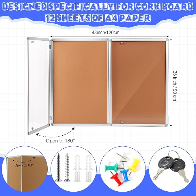 Enclosed Bulletin Board 48" x 36" Weatherproof Lockable Outdoor Cork Case Display Board Wall Mounted 2 Locking Door Aluminum Frame for Office, School, Commercial, Hospital, 12 x A4(Wood)