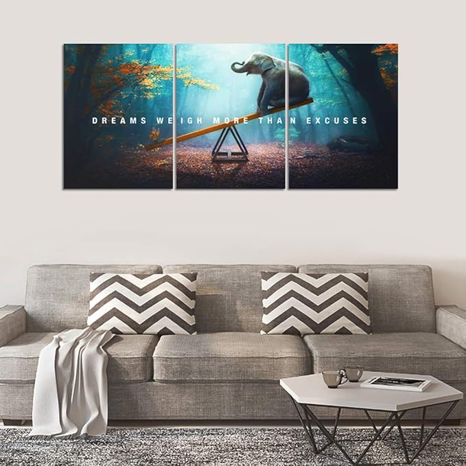 Unbruvo Elephant Wall Art for Office, Motivational Inspirational Canvas Wall Art, 3 Pieces Elephant Painting Prints Wall Decor for Living Room Bedroom Classroom Dorm(48”Wx24”H)