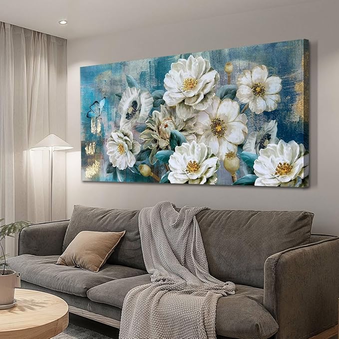 Arjun Flower Canvas Wall Art for Bedroom White Elegant Teal Picture, Textured Floral Magnolia Aesthetic Painting Living Room Wall Decor Turquoise Large Artwork Dining Room Home Office 48"x24"