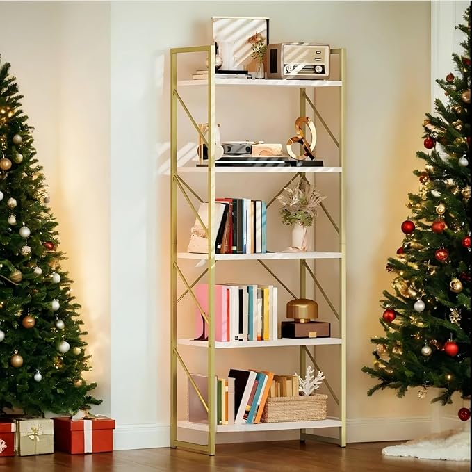 DWVO Gold Bookshelf, Modren 5 Tier Bookcase, Storage Shelves Organizer Standing Shelf, Display Rack Book Shelves for Bedroom,Living Room,Office,Kitchen, Gold