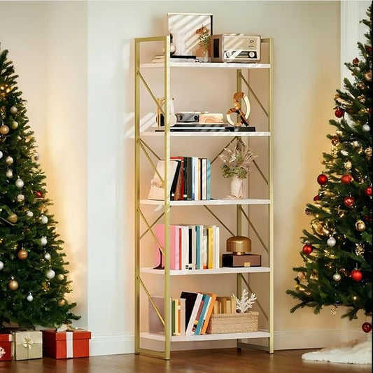 DWVO Gold Bookshelf, Modren 5 Tier Bookcase, Storage Shelves Organizer Standing Shelf, Display Rack Book Shelves for Bedroom,Living Room,Office,Kitchen, Gold