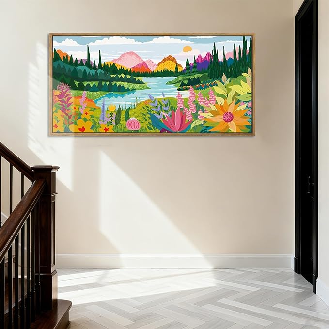 ANHUIB Large Colorful Wildflower Wall Art 20x40 Inch Framed Boho Abstract Floral Wall Decor Forest Woodland Painting Muticolor Mountain Range Illustration for Living Room Dining Room Bedroom