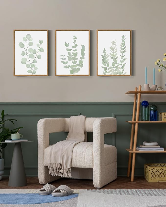 Drsoum Framed Botanical Plant Canvas Wood Wall Art Light Green Sage Wall Decor Eucalyptus Leaf Picture for Bedroom Living Room Bathroom Office 12”x 16” x 3pcs