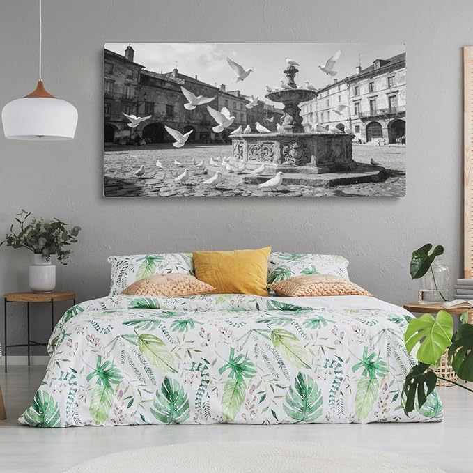 Vintage City Square Framed Canvas Wall Art for Dining Room, Black White Decor 32" L x 16" W