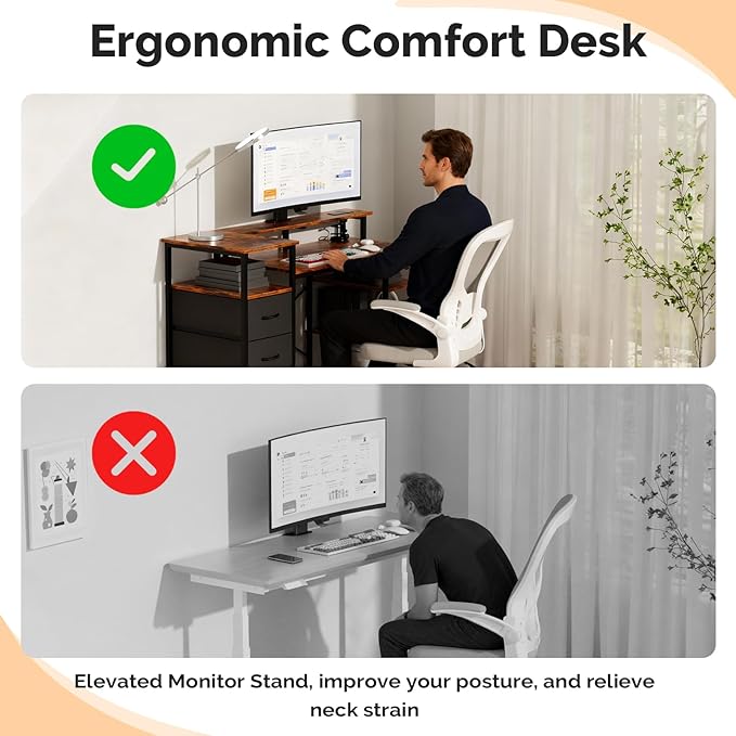 VINGLI 47 Inch L-Shaped Computer Desk, Small Computer Gaming Desk with Fabric Drawers & Storage Shelves, Charging Station, Monitor Stand for Home, Office, Brown