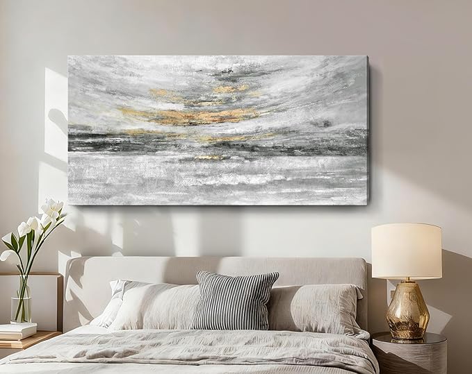 Nicetop 58x29" Modern Minimalist Black & White Abstract Coastal Wall Art with Metallic Gold Accents – Gallery Wrapped Abstract Ocean Waves & Clouds Canvas Art, Ready to Hang for Living Room Wall Decor, Bedroom Wall Art & Office Wall Decor