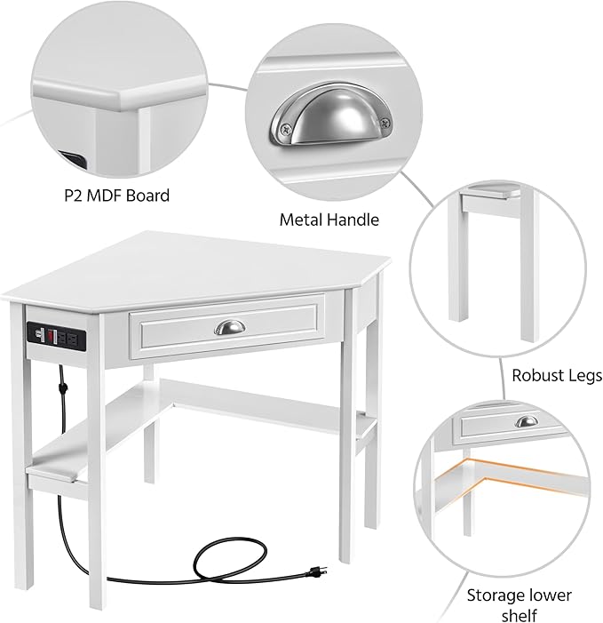 Yaheetech L Shaped Corner Computer Desk with Power Outlets, Reversible Triangle Workstation with USB Ports and Hook for Small Space, Modern Home Office Desk Gaming Table with Drawer & Shelf, White
