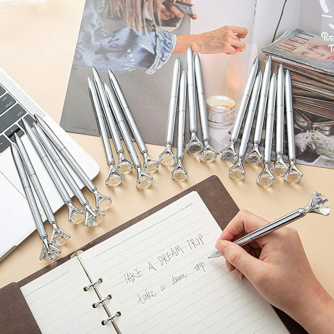 PASISIBICK 20 Silver Diamond Pens Cute Beautiful Ballpoint Pens for Women Wedding Coworkers Crystal Gifts(20 PCS)