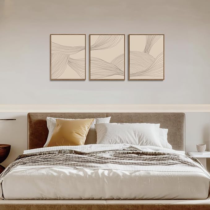 myusuar 3 Piece Large Modern Abstract Canvas Framed Wall Art For Living Room, Beige Minimalist Wall Art Decor Posters Prints For Bedroom Office, 12x16in