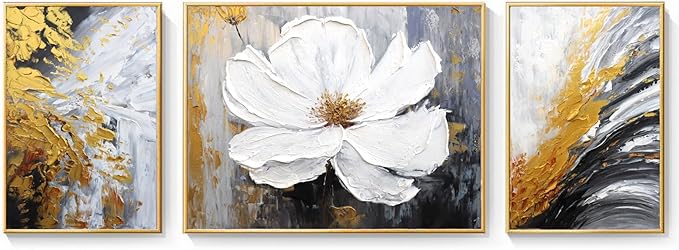 3 Pcs Hand-Painted Floral Canvas Wall Art for Living Room | 3D Textured Abstract White Flower Paintings with Gold Frames for Bedroom | Ready to Hang Modern Luxury Wall Decor for Office (24x64 Inches)