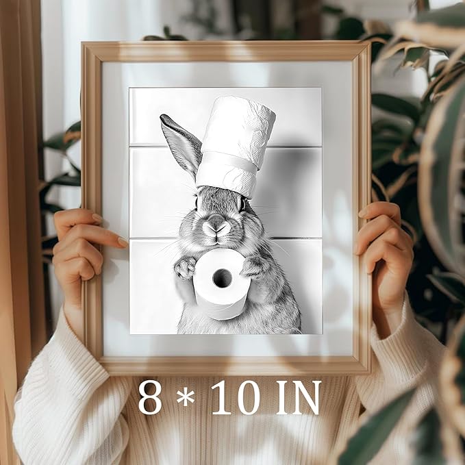 uniro Funny Bathroom Wall Art Prints, Black and White Cute Bunny Bathroom Picture Wall Decor, Cute Rabbit Animal Canvas Print Painting, Modern Bathroom Signs Wall Art Poster for Bathroom Decor (8"x10 - UNFRAMED)