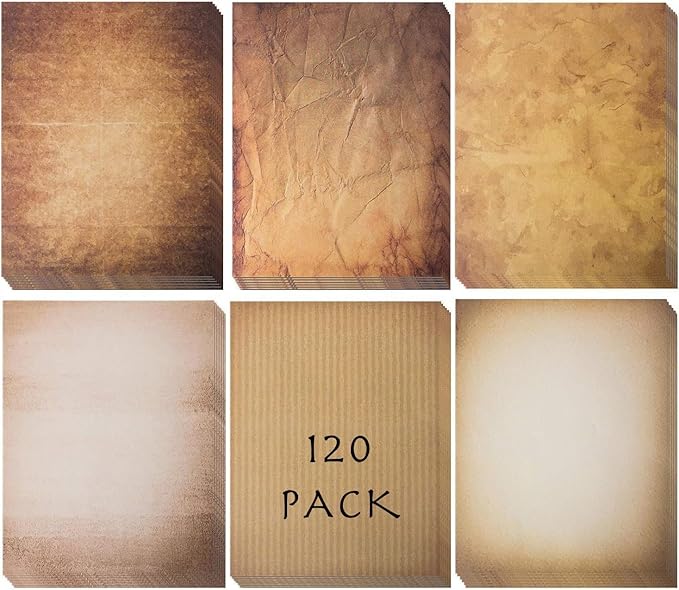 120 Aged Paper - Antique Looking Vintage Papers With Classic Aged Paper Designs - Six Unique Old Looking Designs - Printable Writing paper, 8.5 x 11 inches (Pack of 120)