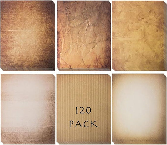 120 Aged Paper - Antique Looking Vintage Papers With Classic Aged Paper Designs - Six Unique Old Looking Designs - Printable Writing paper, 8.5 x 11 inches (Pack of 120)