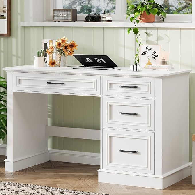 Vabches Farmhouse 47" Executive Desk with File Drawer, Computer Desk with 4 Drawers, Workstation for Study, Home Office, Writing, Cream White