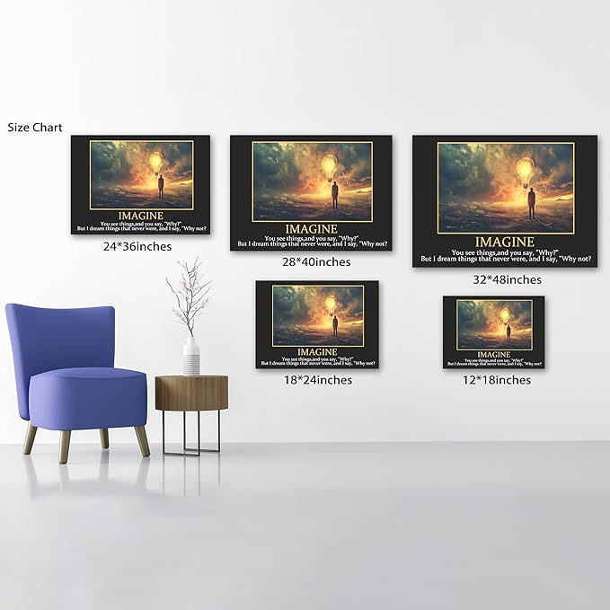 UZMKM - Inspirational Wall Art, Black Background Motivational Mindset Imagine Picture, Quote Saying Canvas Print for Home Office Decor, Company Poster Framed Artwork for Office Wall Decor 28x40 Inch