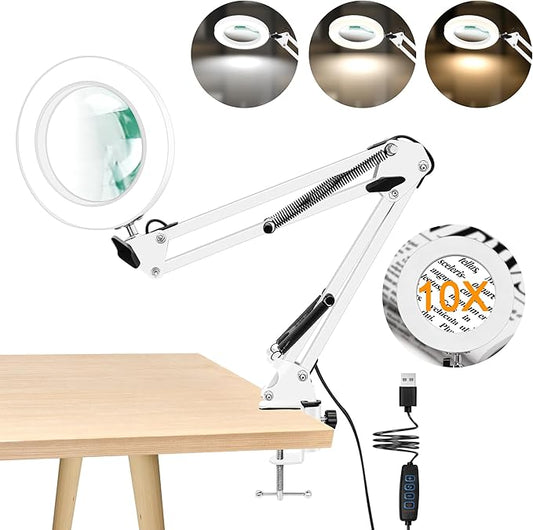 10X Magnifying Glass with Light and Clamp, Real Glass LED Lighted Magnifier, 3 Color Modes 10 Level Dimmable, Magnifying Lamp with Clamp for Reading Craft Hobby Close Work, White