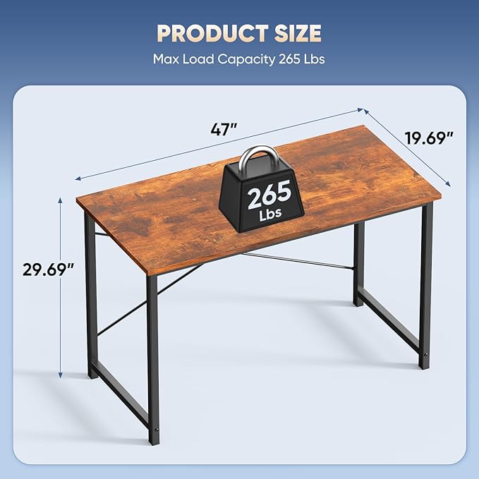 DUMOS 47 Inch Small Computer Desk for Home Office, Modern Study Work Table Simple Style for Bedroom, WritInchg Desks with X-Shaped ReInchforcement, Wood Brown
