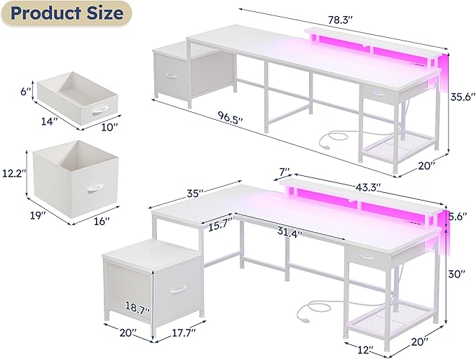 96.5'' Computer Desk with Drawers, Gaming Desk with LED Lights & Monitor Shelf, Office Desks with Power Outlets, L Shaped White Corner Desks for Home Office, Study Room and Bedroom, White