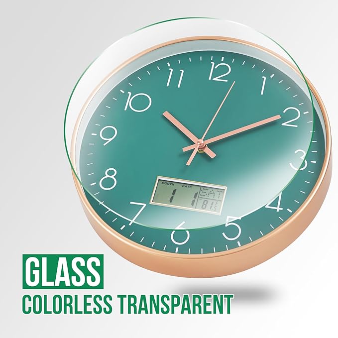 Wall Clock with LCD Display Non-Ticking Silent Quartz Movement Decor Clock with Perpetual Calendar and Temperature Modern Style Round Wall Clocks for Office/Living Room/Bedroom(Green, 12inch)