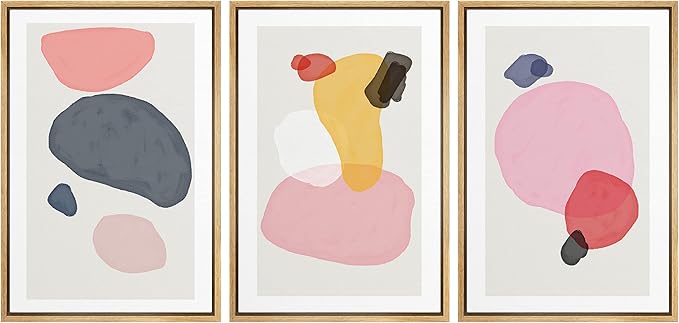 SIGNFORD Framed Wall Art Print Set Pink, Gray, Red & Yellow Transparent Blots Abstract Shapes Digital Art Modern Art Contemporary Colorful for Living Room, Bedroom, Office - 24"x36"x 3 Panels Natural