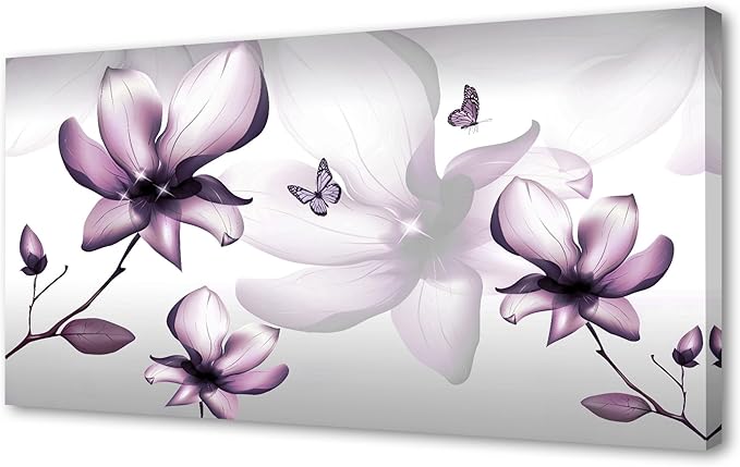 Muolunna BK06550 Purple Magnolia with Butterfly Flower Canvas Wall Art Picture 1 Panel 3D Wallpaper Modern Art Prints Painting for Bedroom Modern Office Wall Decor Artwork