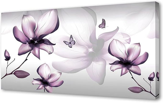 Muolunna BK06550 Purple Magnolia with Butterfly Flower Canvas Wall Art Picture 1 Panel 3D Wallpaper Modern Art Prints Painting for Bedroom Modern Office Wall Decor Artwork
