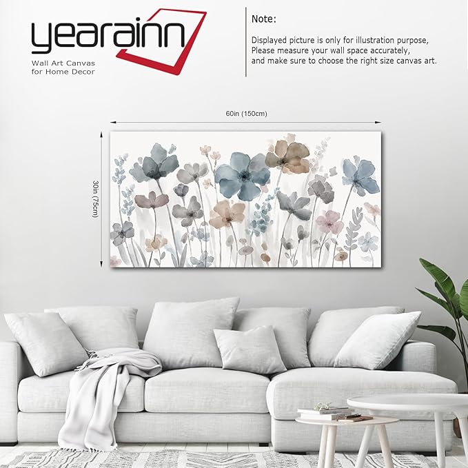 yearainn Elegant Flowers Canvas Wall Art - Floral Pictures for Wall Decor Indigo Brown Grey Canvas Painting Nature Printing Artwork for Living Room Bedroom Home Office Wall Decoration 29" x 58"