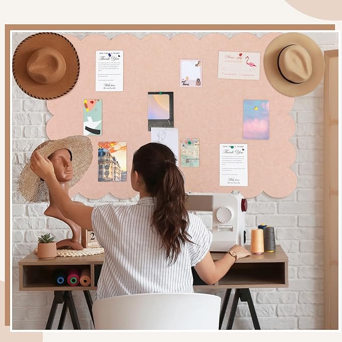 Scalloped Felt Bulletin Board 48 x 36 Inches Foldable Flesh Pink Pin Cork Board Alternative for Wall, 4' x 3' Trifold Picture Vision Self Adhesive Bulletin Decorative