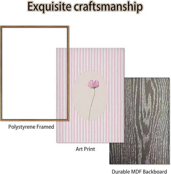 KISSFOX 3 Piece Framed Wall Art Wildflowers Wall Decor Botanical Canvas Art Floral Pictures Stripe Paintings Pink Prints Boho Artwork for Bedroom Living Room